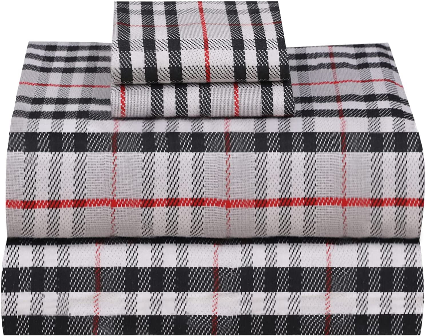 Ruvanti 100% Cotton 4 Piece Flannel Sheets Full Red Grey Plaid Deep