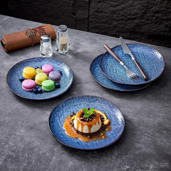 Ceramic Dinner Plates Set of 4, Handmade Stoneware Plate Set for 4, 8 Inch Porcelain Pasta and Salad Plates, Round Dishes Set for Home Decor, Microwave,Oven,and Dishwasher Safe, Blue