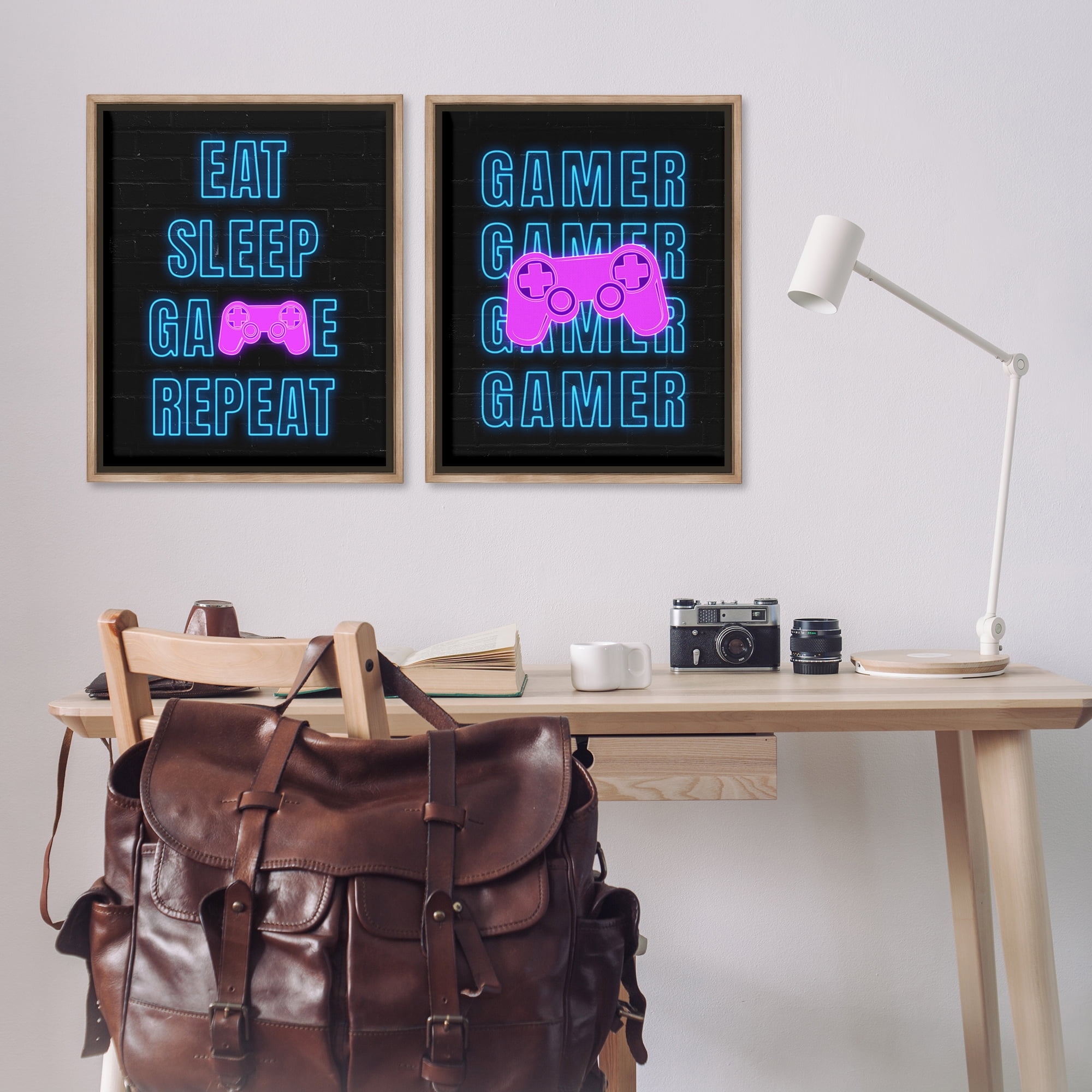 Stupell Industries Neon Gamer Eat Sleep Entertainment Painting Brown Floater Framed Canvas Art Print Wall Art, 31 x 25, Set of 2