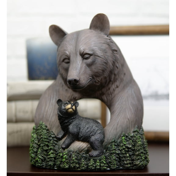 Rustic Forest Black Mama Bear Embracing Cub By Pine Trees Faux Wood Figurine