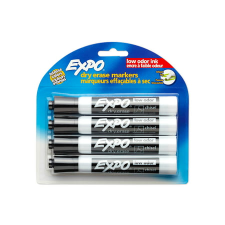 EXPO Low Odor Dry Erase Markers, Chisel Tip, Black, 4