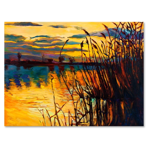 Designart ' Yellow Evening Glow Through The High Grass By The Lake ' Nautical & Coastal Canvas Wall Art Print