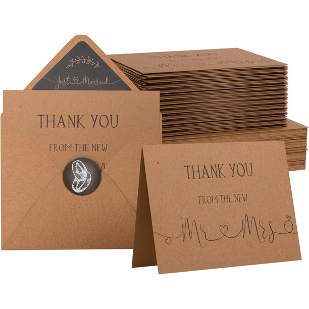 Paquete de 100 tarjetas de agradecimiento de boda de 4 x 6 pulgadas con sobres y pegatinas, de tarjetas de señor y señora, notas de agradecimiento en blanco para boda, diseño rústico