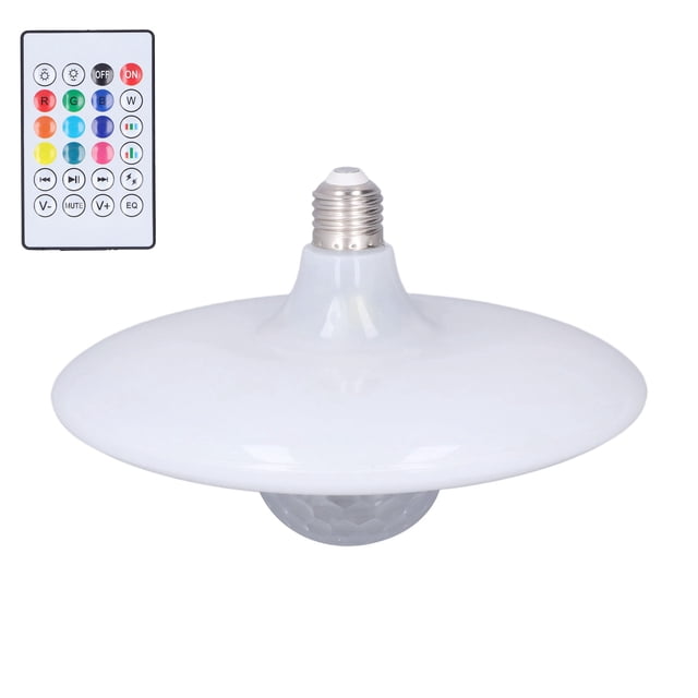 luz de proyección, luz de proyección led lámpara de control remoto bluetooth luz rgb uso conveniente Lámpara LED de forma OVNI blanca, diámetro aprox. 21 cm y altura 15 cm, material PC, portalámparas E27, paneles LED RGB+W y bola giratoria central; reproduce música por Bluetooth según especificaciones y trae control remoto multicolor, adecuada para fiestas, dormitorios y reuniones.