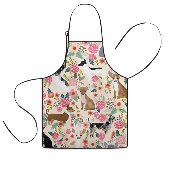 Chihuahua Dog and Flower Kids Aprons for Girls and Boys,Adjustable Neck Strap Toddler Aprons for Kids Cooking Baking