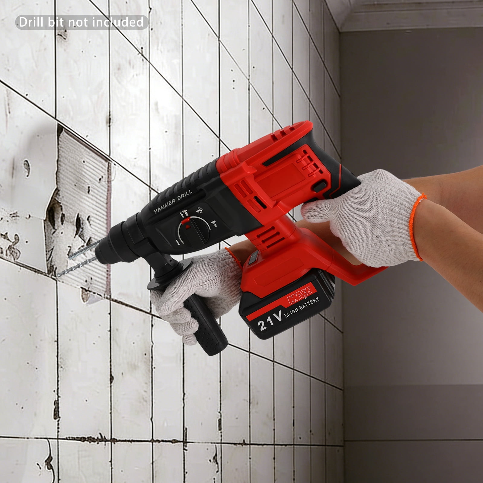Red Cordless Rotary Hammer Drill 21V Brushless for Dewalt 20V Max Battery, 4-in-1 Rotary Hammer with Safety Clutch, 800W Equivalent for Concrete/Masonry/Wood/Metal, 5 Drills & Gloves Included