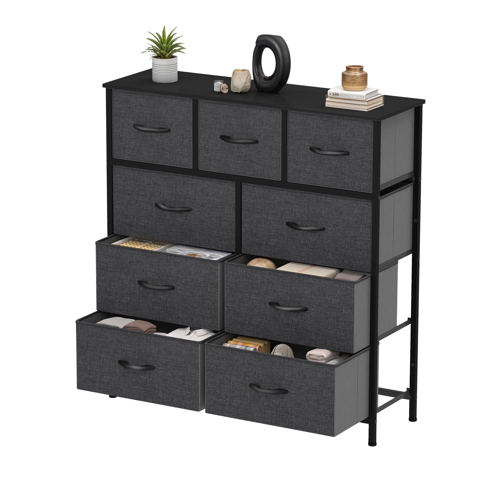 Uforic 9 Drawer Fabric Storage Dresser with Steel Frame for , Living Areas, Hallways, Closets, and Offices, Black Gray
