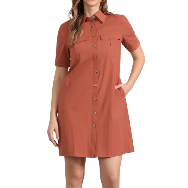 Vestido Safari de Verano para Mujeres INSPIRE CHIC con Cuello, Botones y Cinturón, Talla XL, Naranja Quemado
