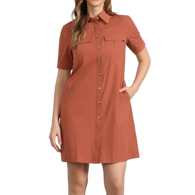 Vestido Safari de Verano para Mujeres INSPIRE CHIC con Cuello, Botones y Cinturón de Algodón, Talla L, Naranja Quemado