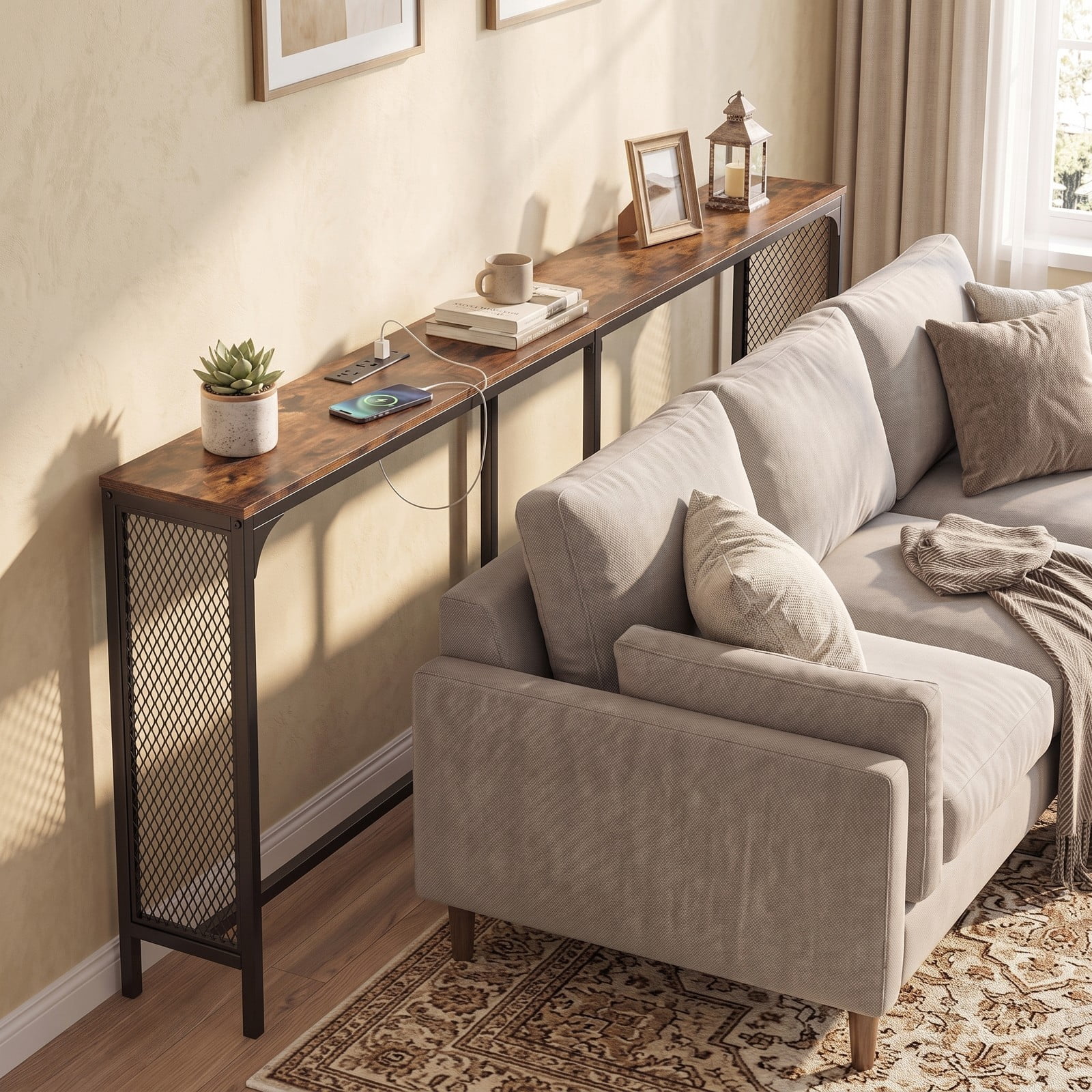 Furnibear 71 Inch Narrow Console Table with Power Outlet and USB Ports and Metal Mesh Frame for Small Space, Rustic Brown
