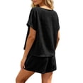 thumbnail image 4 of Costeam Womens Round Neck Short Sleeve 2 Piece Crinkled Textured Matching Outfit Set Elastic Waist Pull On Shorts with Side Pockets Solid Color Loose Fit Casual Loungewear Suit, 4 of 5