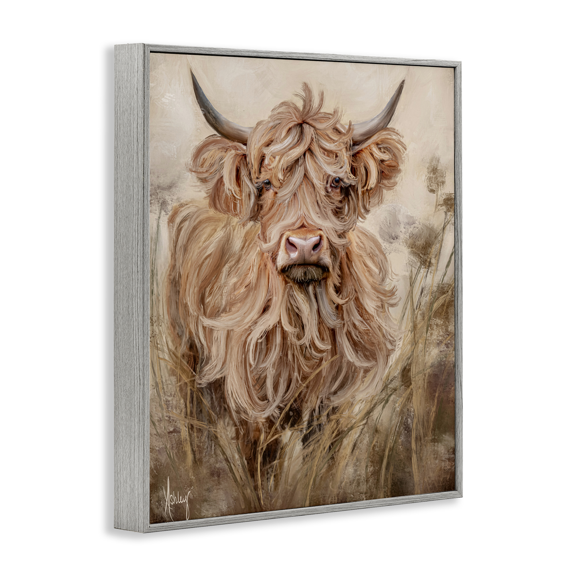 Curly Haired Highland Cattle Gray Framed Giclee Art, design by Ashley Bradley