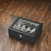 10-Slot Watch Box, Black Synthetic Leather, Glass Lid, Removable Pillows, Gray Lining, Watch Organizer