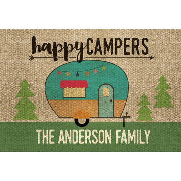 Happy Campers Vintage Trailer Personalized Doormat with Custom Family Name Printed | Brown Non Slip Entry Door Mat | 18” x 27”