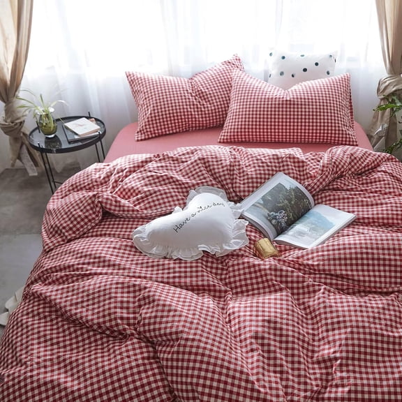 Red Gingham Comforter Set Twin XL, Plaid 3 Pieces 1 Grid Comfoter with 2 Pillow Cases for All Seasons, Soft Fluffy Modern Pattern Printed Bedding-Twin XL Size