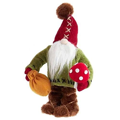 Gnome in Red Hat with Red and White Mushroom Fabric Christmas Ornament 11 Inch