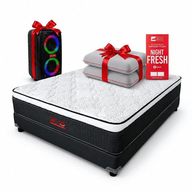 Paquete Colchón y Box Matrimonial Edición 80 Aniversario Atlas Del Descanso + 2 Almohadas Memory Foam y Bocina de Regalo