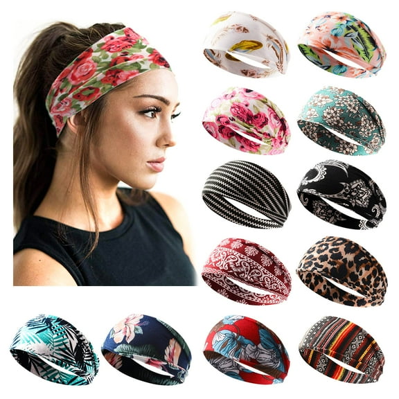 ZOUYUE 12 Pack Headbands for Women Boho Printed Non Slip Hair Band Sport Yoga Running Elastic Sweat Hair Wrap for Girls