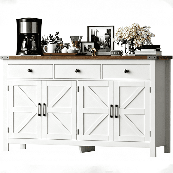 Winkalon 63'' Kitchen Sideboard Buffet Cabinet, 4-Doors 3-Drawers Farmhouse Storage Cabinet with Adjustable Shelves, Grey