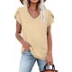 thumbnail image 1 of Top de manga corta con pétalos para mujer, camiseta informal holgada con agujeros calados y cuello en V para uso en verano, amarillo XXL, 1 of 5