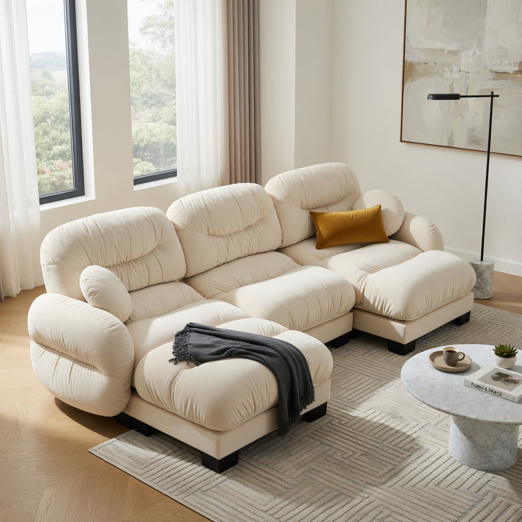 Hommoo Chenille L-Shaped Modular Sectional Sofa with Pleated Back, Ergonomic High-Density Foam Cushions, Curved Armrests, Ottoman & 2 Round Throw Pillows, 3-Seat Cozy Living Room Couch, Beige