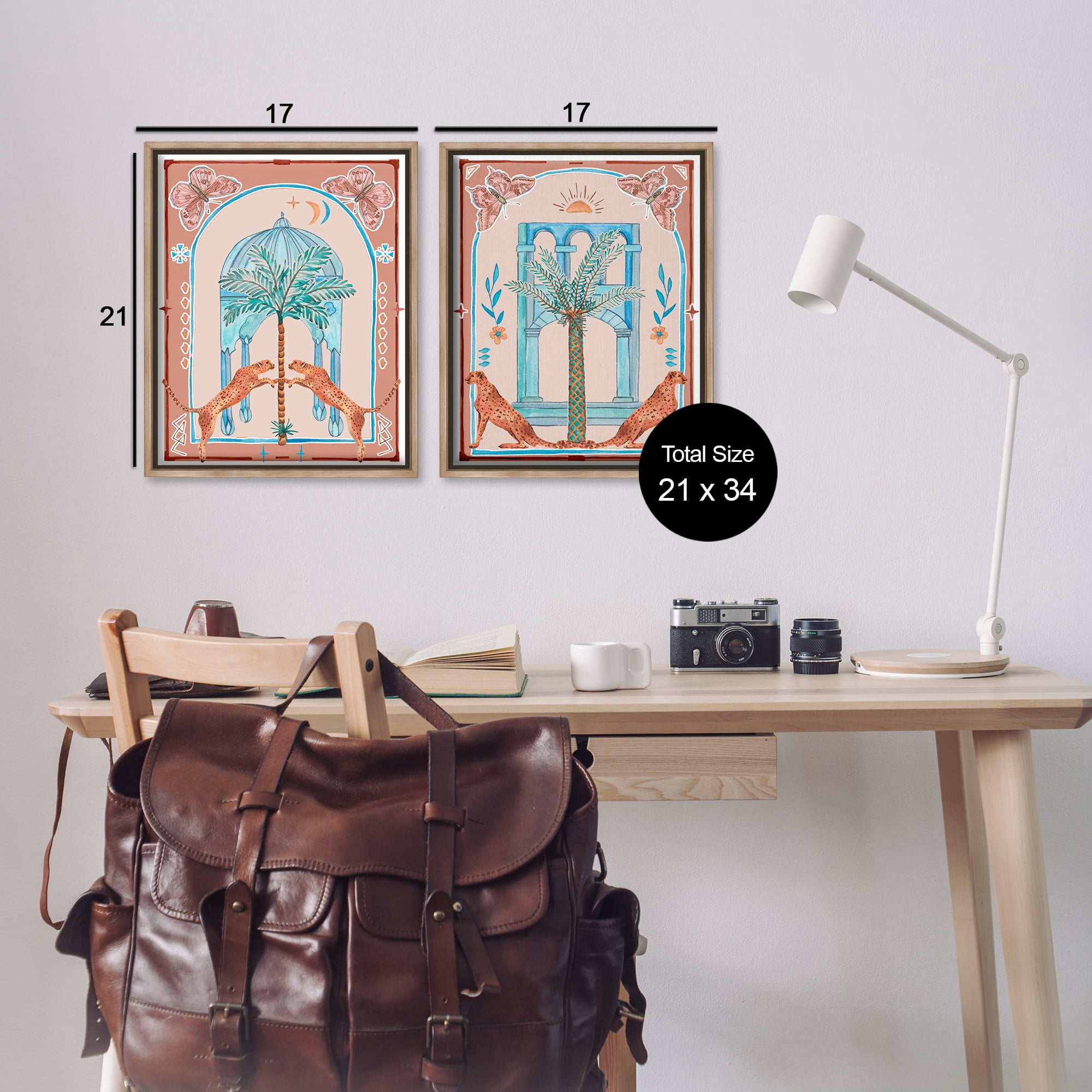 Stupell Industries Doorway Cheetah Palms Buildings & Architecture Painting Brown Floater Framed Canvas Art Print Wall Art, 17 x 21, Set of 2