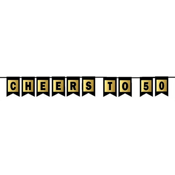Cheers 50th Brithday Anniversary Black & Mettalic Gold Handing Party Wall Decoration Bunting Banner