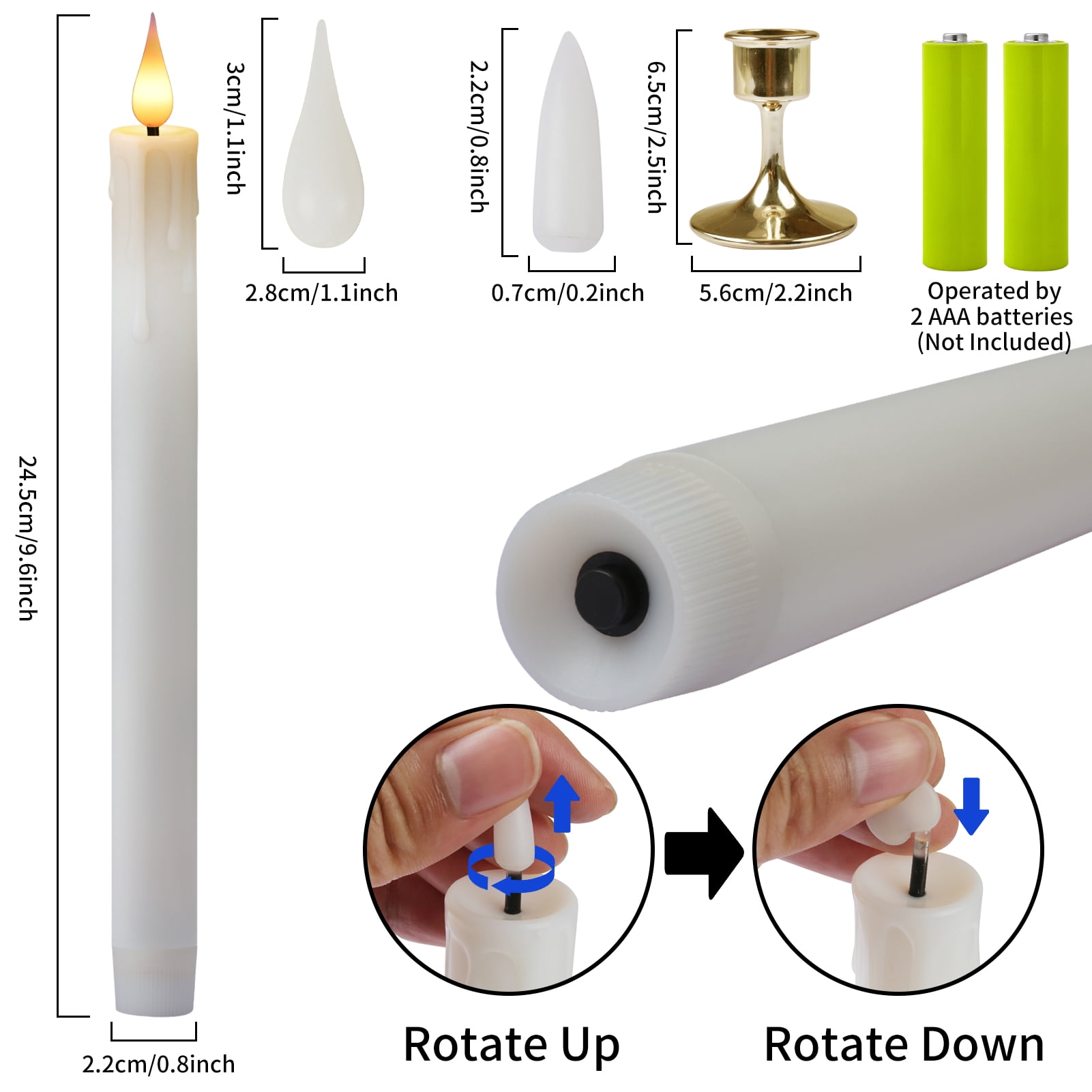 Ivory Flameless Taper Candles 6 Pack, Battery Operated LED Taper Candles with Lamp Holder, 3D Wick Lights Dropping Tear Design, Remote Control with Timer for Home Decor ,Halloween ,Christmas ,Wedding