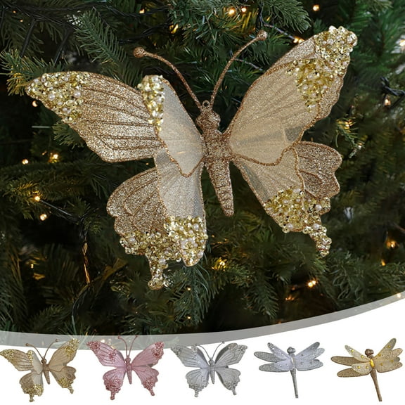 Yhmxh Christmas Glitter Butterfly Clips Ornaments for Tree, 9.45x6.69 Inch Large Artificial Butterfly Decor, Artificial Hanging Butterflies Dragonfly with Clips for Xmas Wreath DIY Craft Wedding