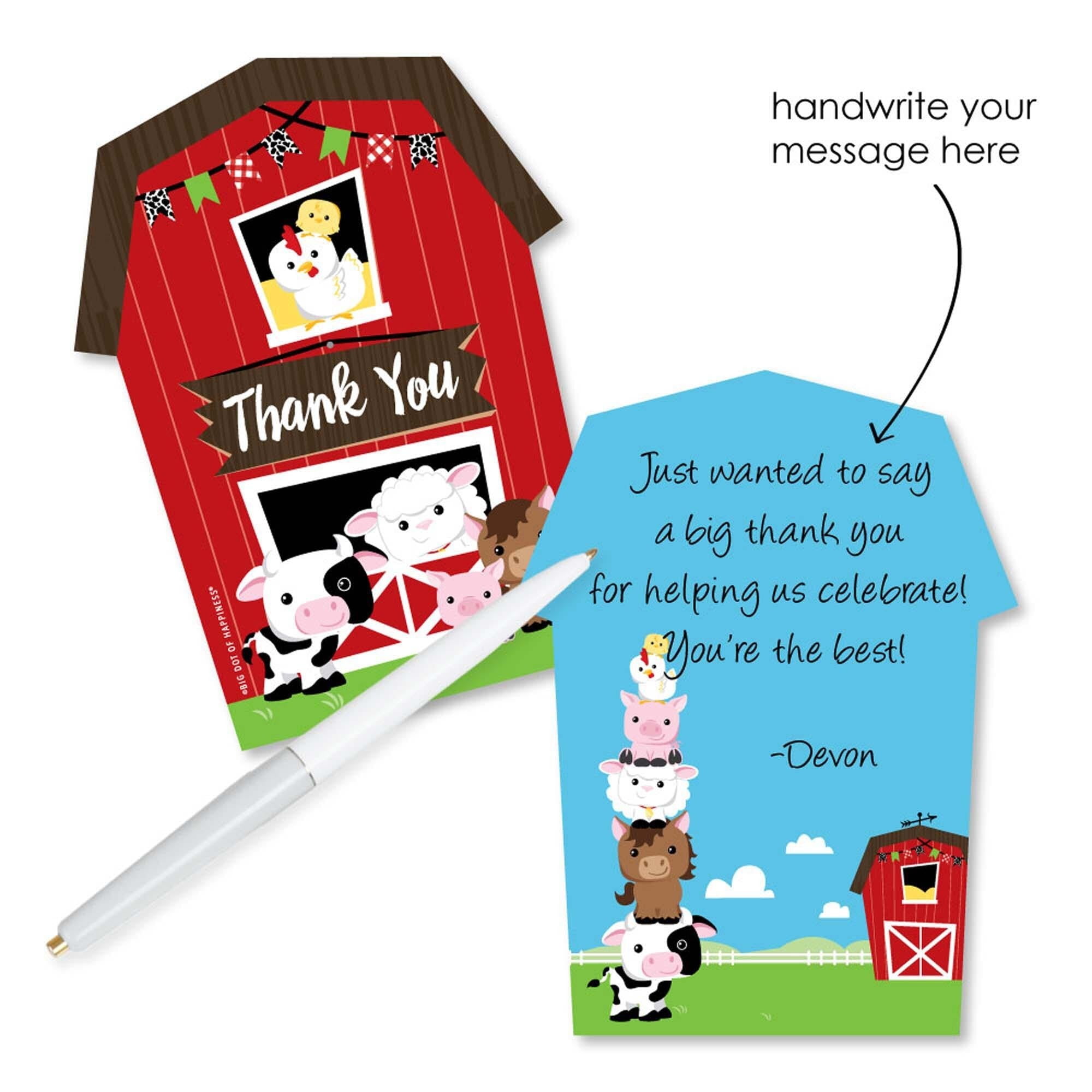 Big Dot of Happiness Farm Animals - Shaped Thank You Cards - Barnyard Baby  Shower or Birthday Party Thank You Note Cards with Envelopes - Set of 12