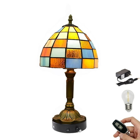 Kiven Cordless Table Lamp,1-Light Dimmable Bedside Lamps for Nightstand with Pink Glass Lampshade, Tiffany-Style Rechargeable Desk Lamp for Reading Home Decor Bedside TD0771