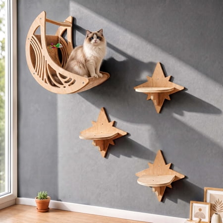 Moon & Star Cat Wall Shelves, Modern Cat Wall Furniture for Indoor Cats, Kitten Shelves with Decorative Cutouts, Space-Saving, Stable & Safe, BD