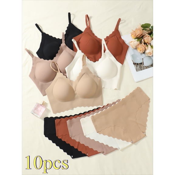 10-piece seamless, simple and elegant solid-color women's underwear sets, with high-elasticity removable chest pads, suitable for layering