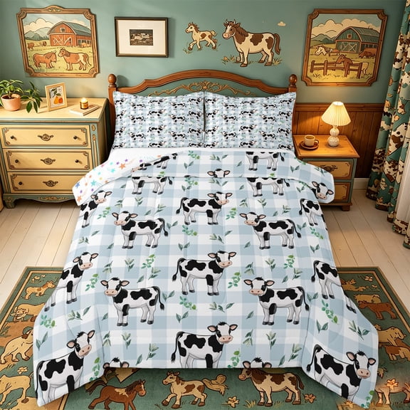 meiyoeat Blue Plaid Farm Cow Full Size Comforter Sets,Cute Animal Print Bedding Comforter Set For Girl,Reversible,3-Piece,1 Comforter and 2 Pillowcases