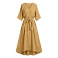 thumbnail image 5 of Uscallm Women Plus Size V Neck 3/4 Sleeve Tie Flowy Boho Maxi Dresses for Women Solid A-Line Long Casual Travel Dresses, Yellow S, 5 of 6