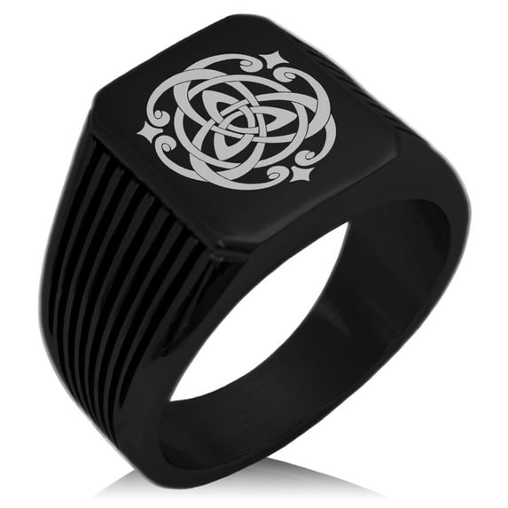 Stainless Steel Celtic Triquetra Heart Knot Needle Stripe Pattern Biker Style Polished Ring