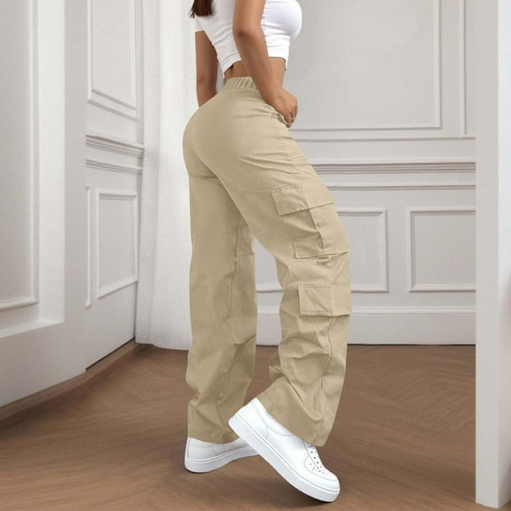 Brown Hiking Pants Women Ladies' Fashionable Casual Side Pockets High Waisted Elastic Straight Leg Loose Fitting Work Pants