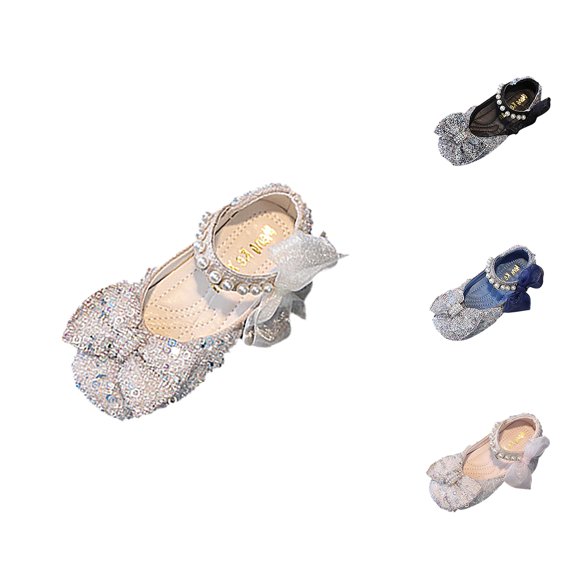 Gyujnb Girls Sequin Mary Jane Shoes Pearl Rhinestone Bow Hook and Loop Flat Princess Shoes for Party Wedding,9
