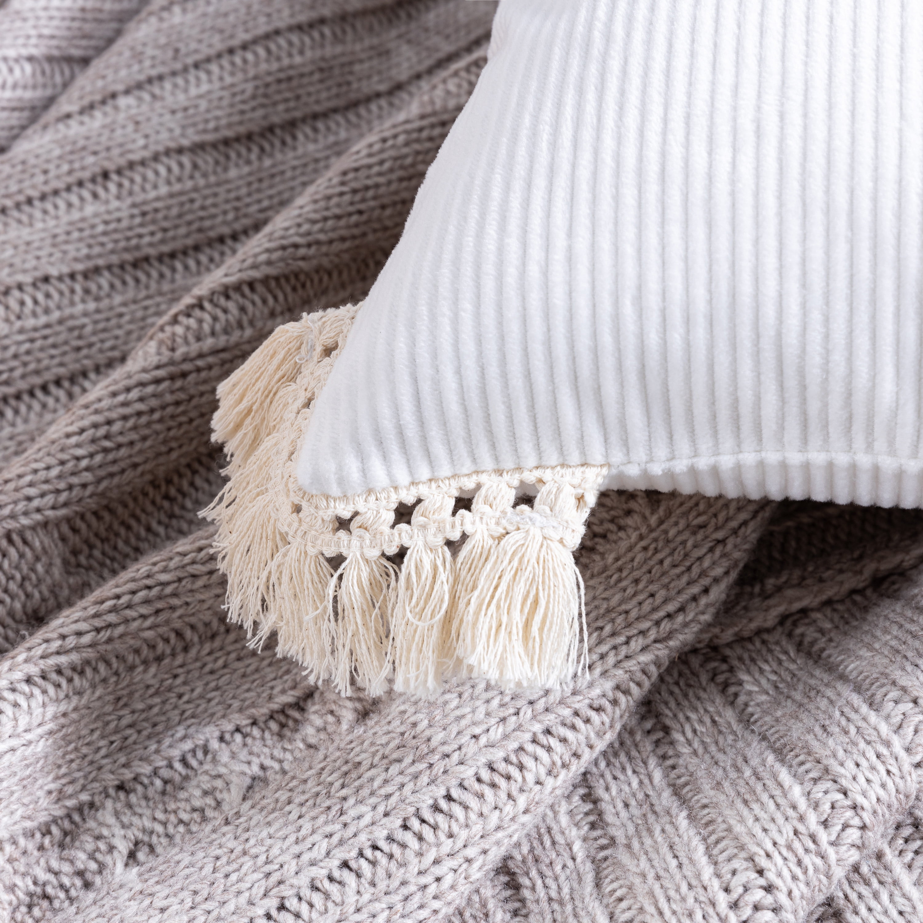 Phantoscope Soft Corduroy Velvet Decorative Throw Pillows with Cotton Tassel Trim, 18 x 18 in, Pure White, 2 Pack