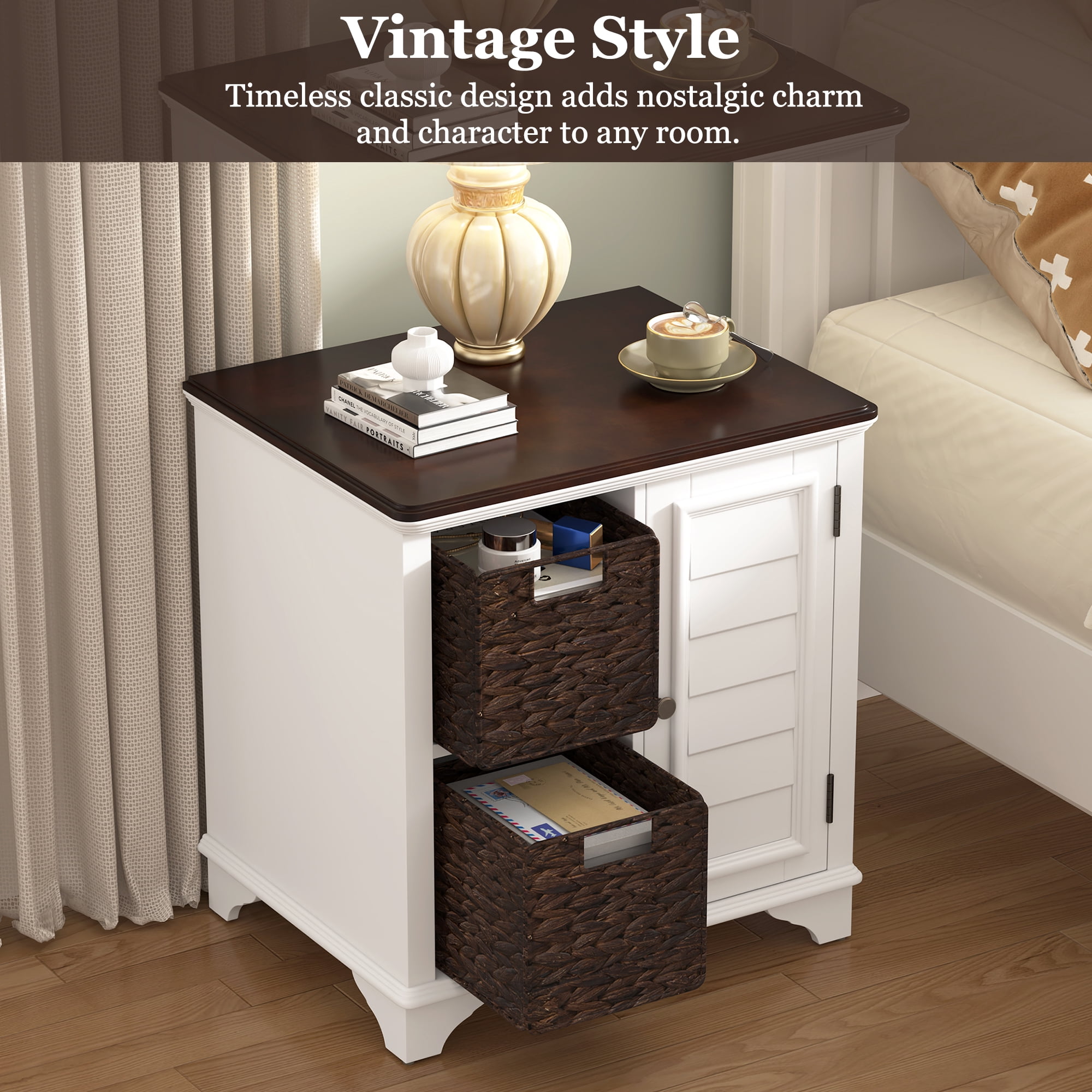 Farmhouse Nightstand,End Table Side Table with 2 Woven Grass Drawers Bedside Table for Bedroom,Closet,Dorm,White