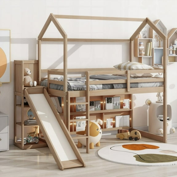 Twin Size Wood House Loft Bed - Slide, Storage, Light & Climbing Ramp