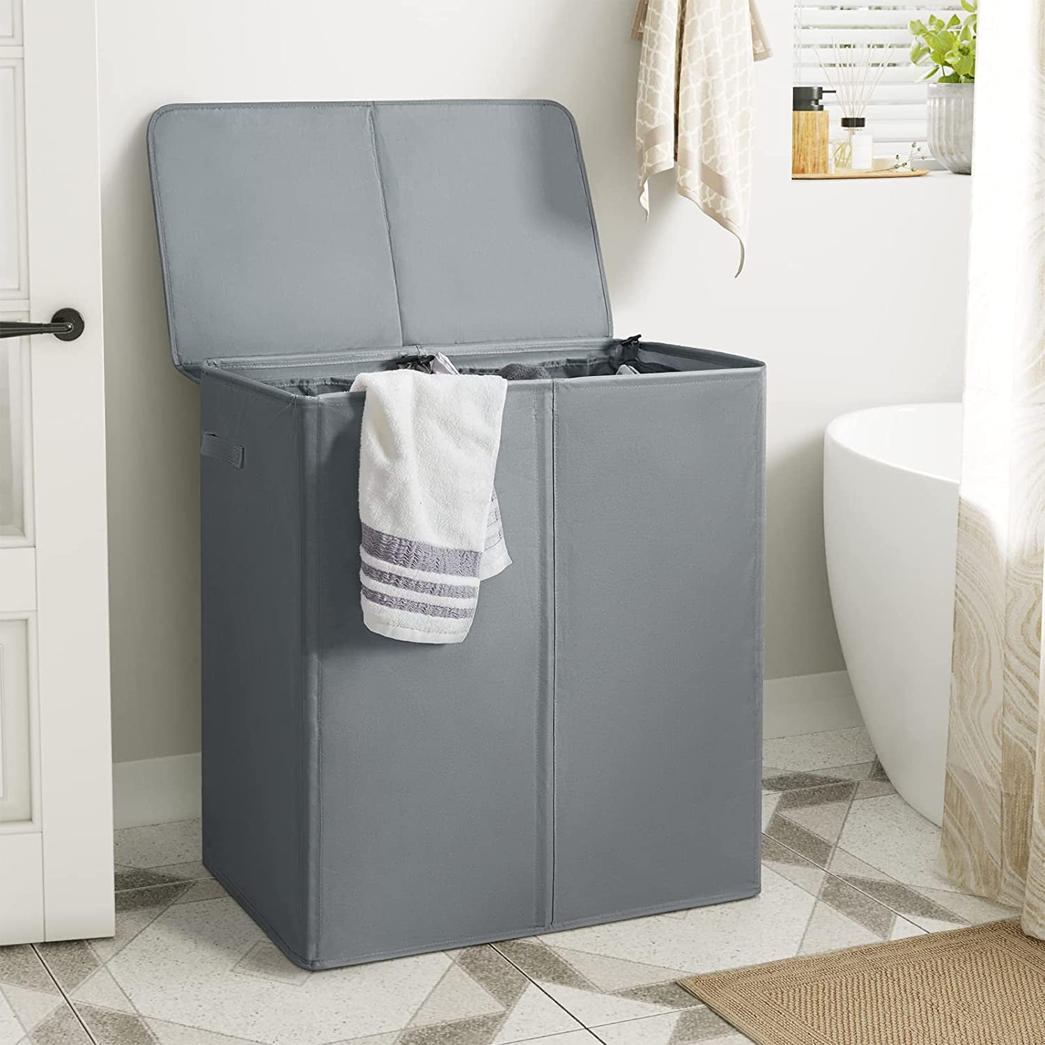 154L Double Laundry Hamper with Lid and Removable Laundry Bags, Large Dirty Clothes Hamper 2 section Collapsible Laundry Basket Dorm Room Storage for Bedroom, Bathroom, College,Grey