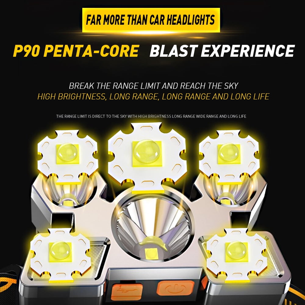 5PACK 5 LED Beads Headlamps,Waterproof Led Headlamp Rechargeable,Super Bright 4 Modes 12h Long Lasting Battery Life Led Headlamp Flashlight for Camping,USB Cable Included,Gold