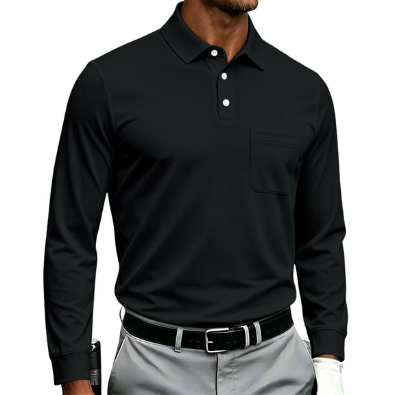Long Sleeve Polo Shirts for Men Relaxed Fit Dress Button Golf Shirt With Pocket, S