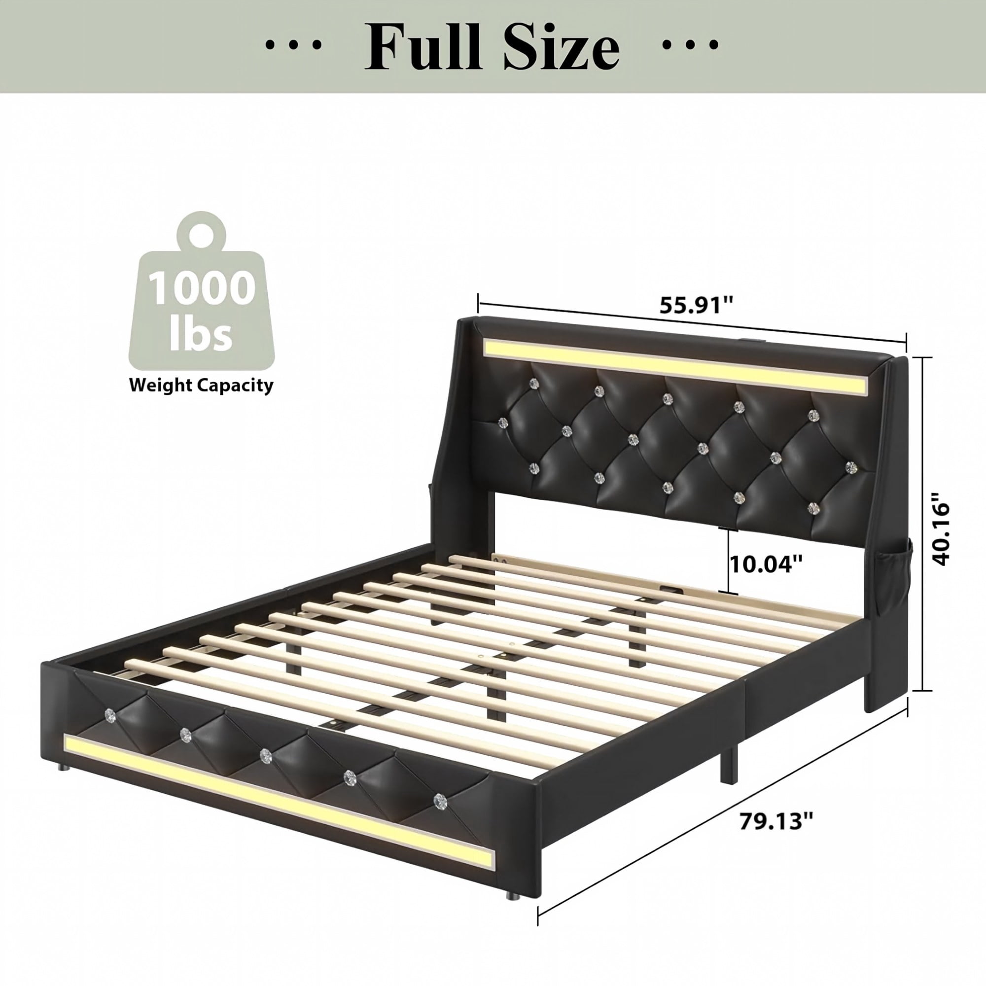 BSHTI Full Size Faux Leather Upholstered Bed Frame with LED Lights, Charging Station, Diamond Headboard, No Box Spring Needed for Bedroom(Black)