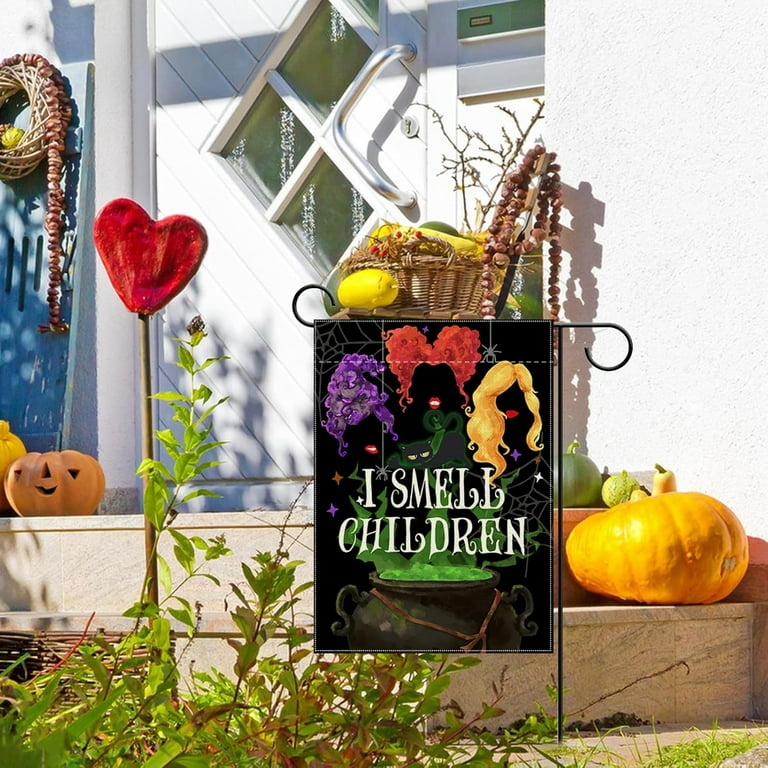 Produktbild von ROCWOHO Halloween Gartenflagge 'Hocus Pocus - I Smell Children' - Doppelseitige Jute-Flagge 30,5x45,7cm