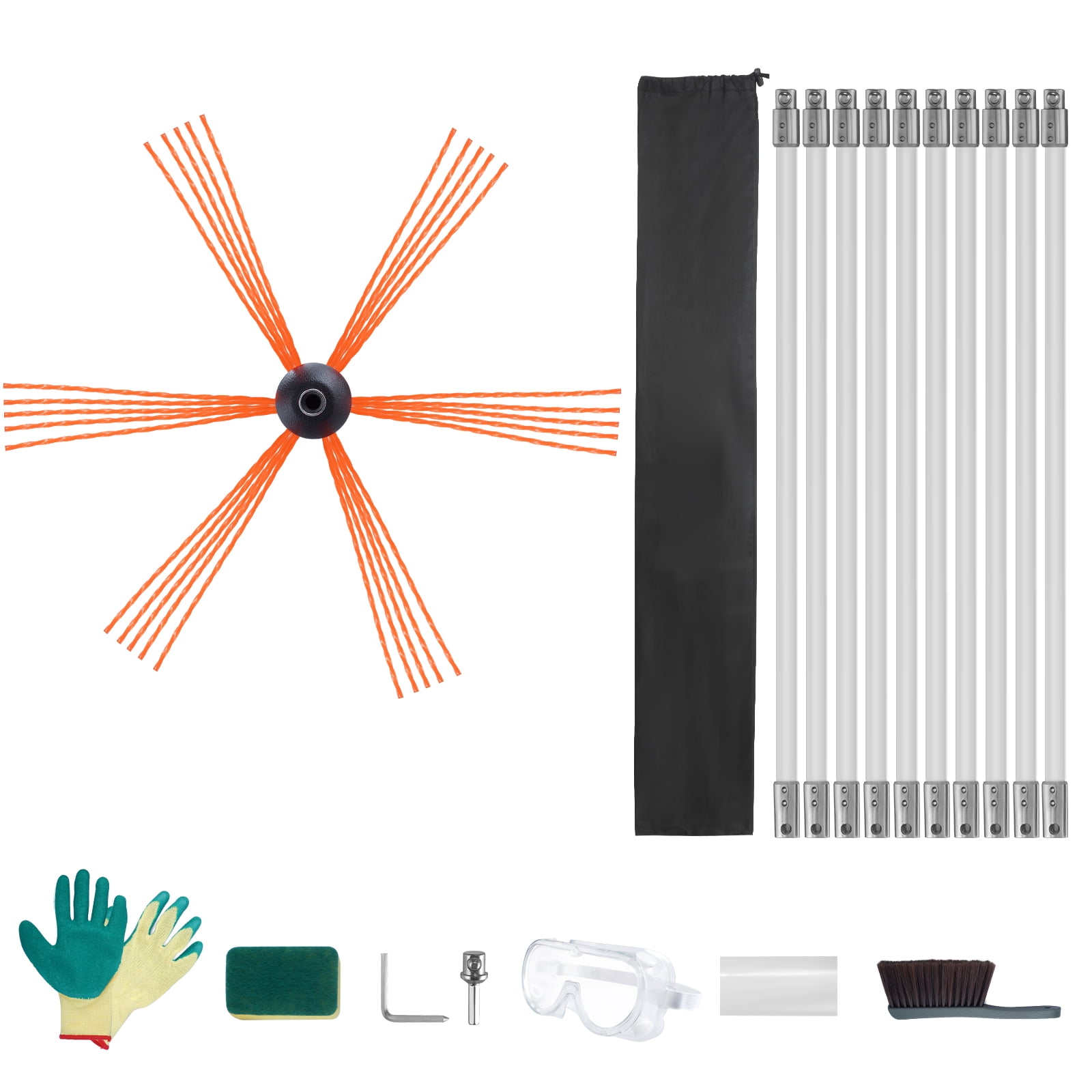 VEVOR 33 FT Chimney Sweep Kit Rotary Brush 10 Nylon Flexible Rods Fit most Pipes