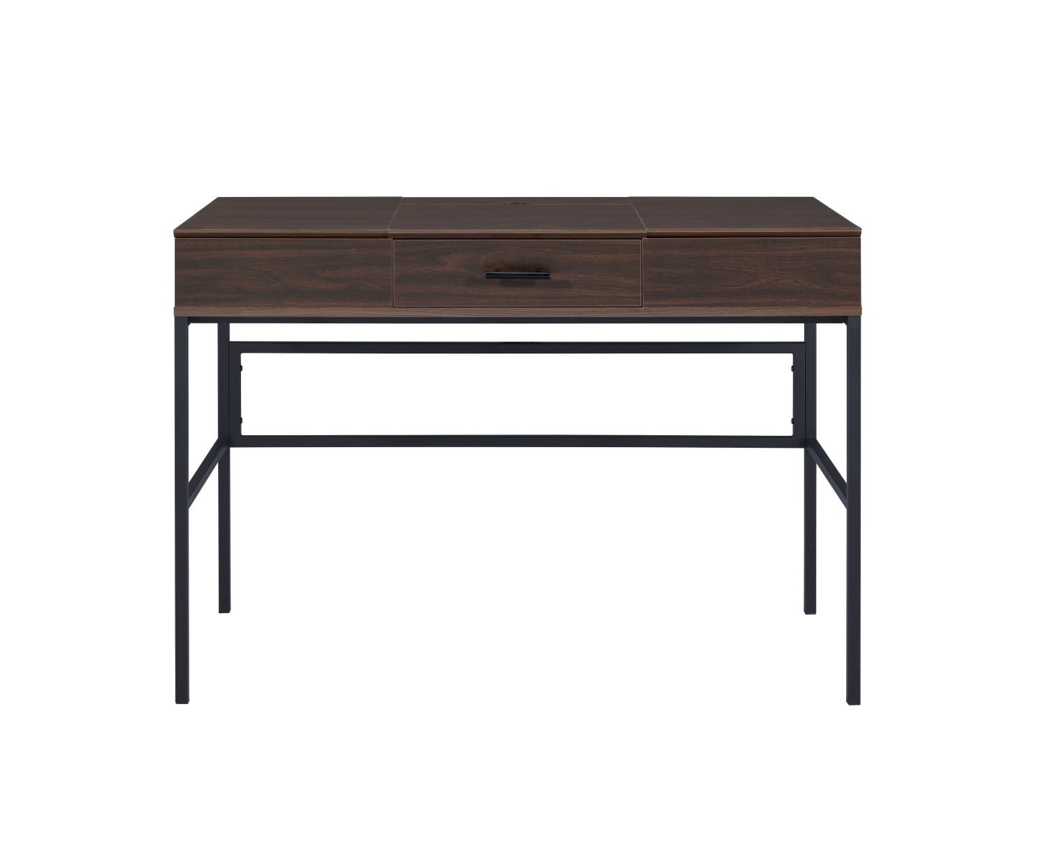 43" Modern Writing Desk with USB Charging Port, Oak & Black Computer Desk with Storage Drawer, Metal Base Office Desk with Side Shelves, Rectangular Study Table for Home Office