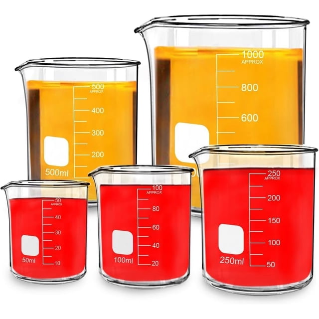 Vaso de Precipitado, Laboratorio 5PCS, Medidor-Vas Vidrio para Laboratorio, Graduación Impresa a Doble Escala, Griffin Forma Baja con Cristalería Científica