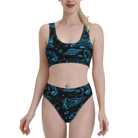 Fotbe Spacecraft Women s High Waisted Bikini Tankini Sets Two Piece Bathing Suits High Cut Scoop Neck Swimsuit-Small